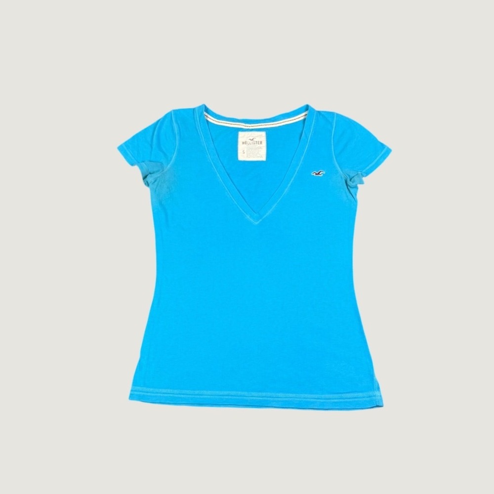 Hollister Womens Turquoise Blue V-Neck Short Sleeve Logo T-Shirt Size S